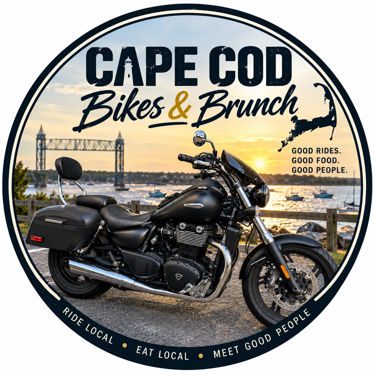 Cape Cod Bikes & Brunch emblem featuring a Triumph motorcycle beside the canal. Ride local. Eat local. Meet good people.
